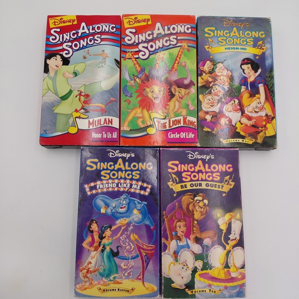 Disneys Sing Along Songs VHS LOT Of 5 90s Mulan RARE Aladdin Lion King Kids Fun